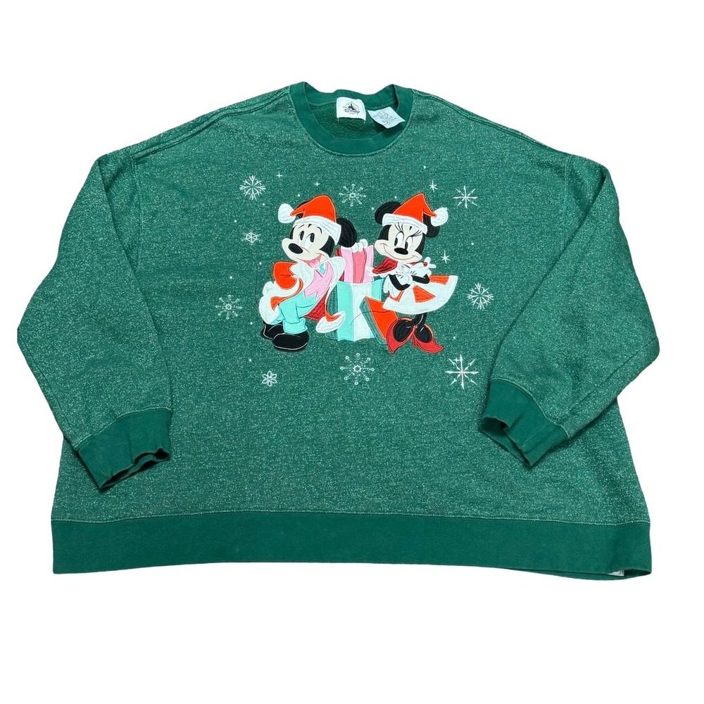 Disney Mickey Minnie Mouse Christmas Green Sparkle Sweatshirt Womens 1X Plus